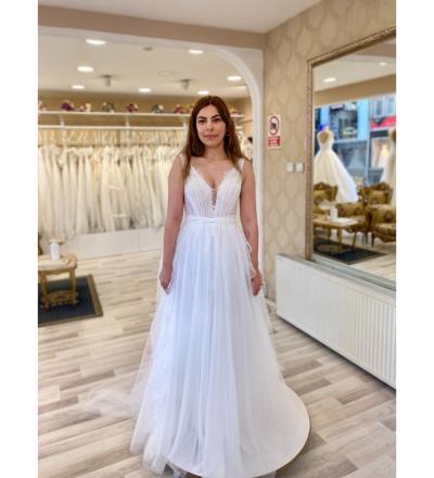 Fransız Dantel Dizaynlı V Yaka Helen Gelinlik