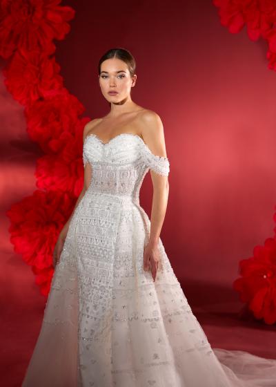 Kalp Yaka Drape İşlemeli Yan Kol Detaylı Helen Etek Gelinlik Modeli Model 060