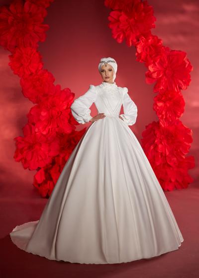 Balon kollu Pileli Saten Tesettür Gelinlik Modeli Model 077